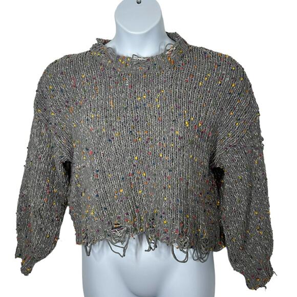 POL Distressed Sweater Small | Gray Ripped Sweater with Rainbow Confetti Detail - Picture 5 of 16